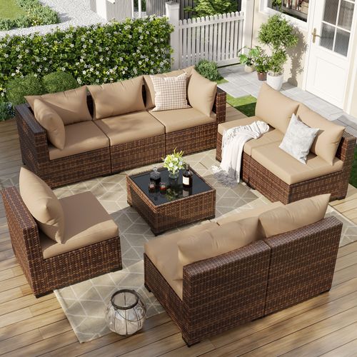 ELPOSUN 9 Pieces Patio Furniture Set All Weather Outdoor Sectional Sofa, Outdoor Modern Sectional Furniture Wicker Couch with Glass Coffee Table, Thic