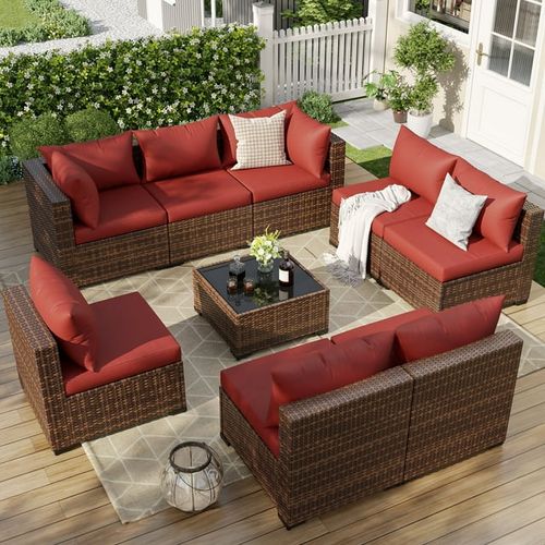 ELPOSUN 9 Pieces Patio Furniture Set All Weather Outdoor Sectional Sofa, Outdoor Modern Sectional Furniture Wicker Couch with Glass Coffee Tab