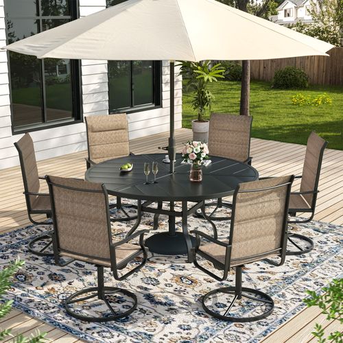 ELPOSUN 7 Piece Outdoor Patio Dining Set Swivel High Back Padded Textilene Chairs and Round Table Furniture Set,Beige