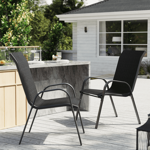 ELPOSUN Patio Chairs Set of 2, Outdoor Stackable Dining Chairs for All Weather, Breathable Garden Outdoor Furniture for Backyard Deck, Black