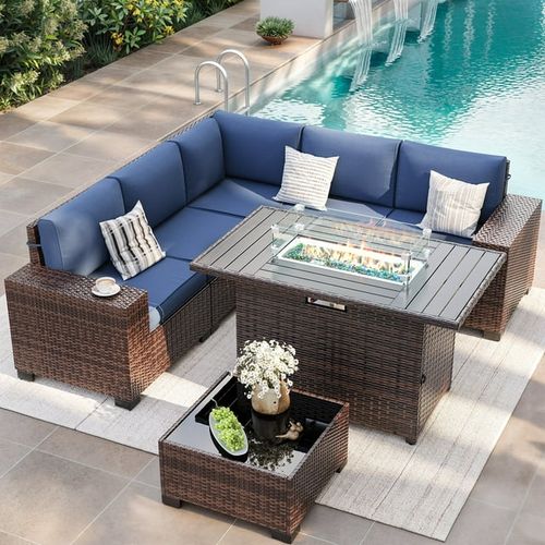 ELPOSUN Outdoor Sectional Furniture Set with Fire Pit Table, 7-Piece Brown Rattan Wicker Conversation Sofa Set for Porch Garden Backyard Balcony,Blue