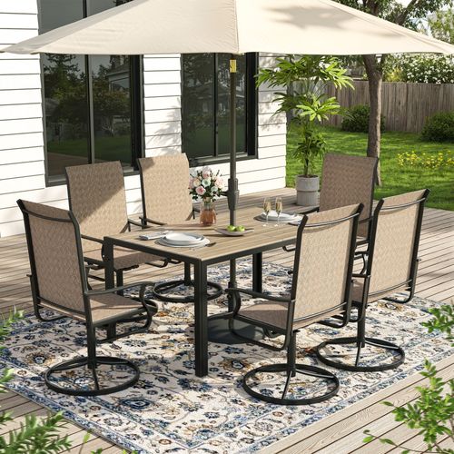 ELPOSUN 7 Piece Outdoor Patio Dining Set Swivel High Back Textilene Chairs and Rectangle Brown Table Furniture Set,Beige