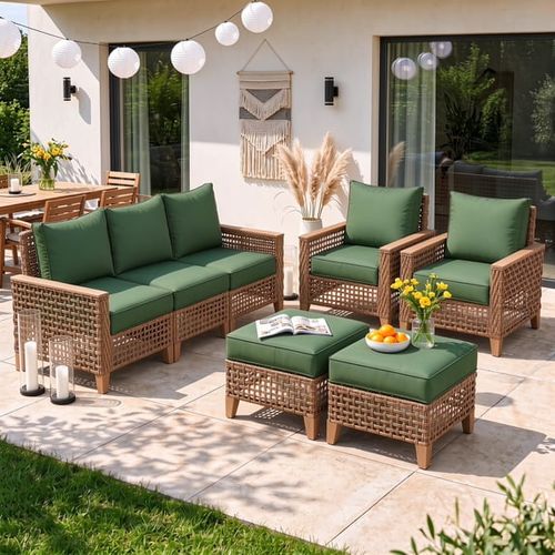 ELPOSUN 5-Piece Patio Furniture Set, All-Weather Open-Weave Wicker Outdoor Conversation Set, Thick Waterproof Cushions, for Garden and Backyard, Yello