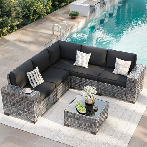 ELPOSUN Outdoor Sectional Furniture Set 6-Piece Gray Rattan Wicker Conversation Sofa Set with Glass Top Table and Waterproof Covers,Black Cushions