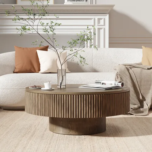 Gelloan 31.5" Round Fluted Coffee Table, Modern Wood Circle Coffee Table, Veneer Handcrafted Relief Tea Table for Living Room,Brown