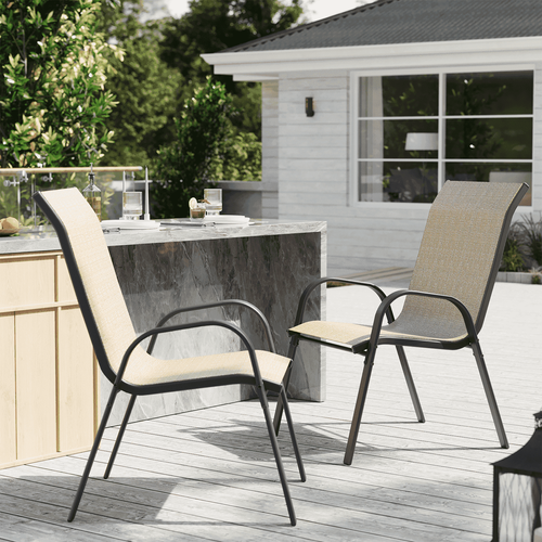 ELPOSUN Patio Chairs Set of 2, Outdoor Stackable Dining Chairs for All Weather, Breathable Garden Outdoor Furniture for Backyard Deck,Khaki