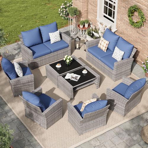 ELPOSUN 8 Piece Outdoor Sectional Conversation Sets , Wicker Patio Furniture Set��Gray PE Rattan Patio Sofa Set for Balcony, Porch, Backyard, Khaki