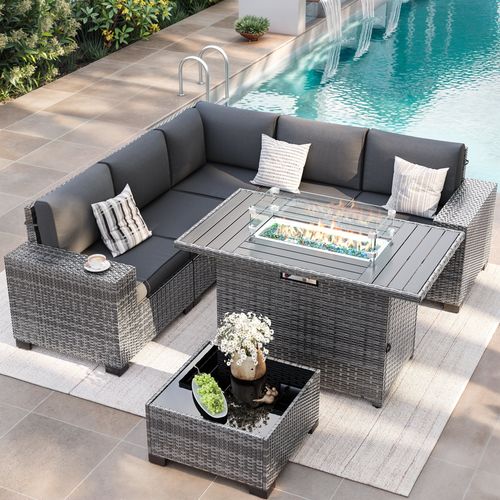 ELPOSUN Outdoor Sectional Furniture Set with Fire Pit Table, 7-Piece Gray Rattan Wicker Conversation Sofa Set for Porch Garden Backyard Balcony,Gray