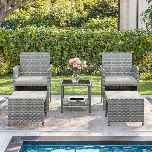 ELPOSUN 5 Piece Patio Furniture Set, Outdoor Patio Conversation Rattan Chair with Ottomans w/Storage Coffee Table for Patio, Space Saving Design for B