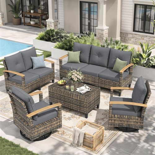 ELPOSUN Outdoor Patio Furniture Sets, 7 Pieces Outdoor Wicker Conversation Set with Swivel Chairs and Storage Table for Garden Poolside Backyard, Yell