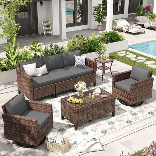ELPOSUN Patio Furniture 7 Peces Wicker Outdoor Sectional Sofa Sets, Rattan Conversation Set with Storage Table, Swivel Chairs for Backyard, Pool, Grey