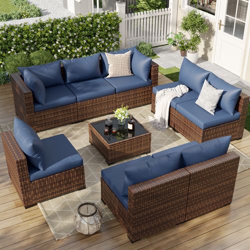 ELPOSUN 9 Pieces Patio Furniture Set All Weather Outdoor Sectional Sofa, Outdoor Modern Sectional Furniture Wicker Couch with Glass Coffee Table, Thic