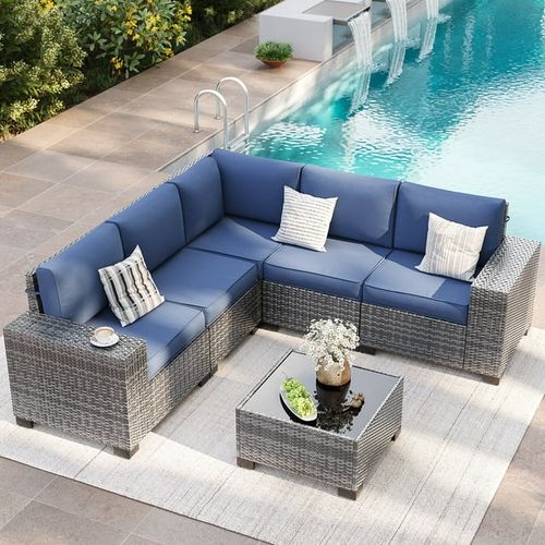 ELPOSUN Outdoor Sectional Furniture Set 6-Piece Gray Rattan Wicker Conversation Sofa Set with Glass Top Table and Waterproof Covers,Blue Cushions