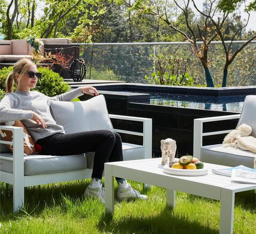 ELPOSUN Patio Furniture Aluminum Loveseat, All-Weather Outdoor 2 Seats Sofa Couch, Modern Metal Chair w/ 5 Inch Cushions, White and Light Grey (Includ