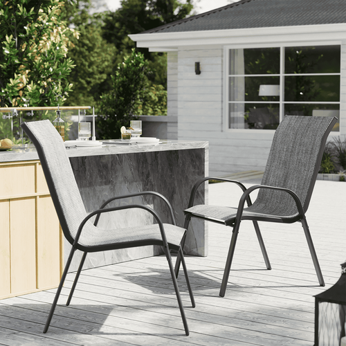 ELPOSUN Patio Chairs Set of 2, Outdoor Stackable Dining Chairs for All Weather, Breathable Garden Outdoor Furniture for Backyard Deck,Light Grey