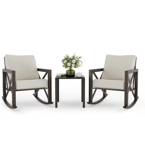 ELPOSUN Rocking Bistro Set, 3 Piece Outdoor Patio Furniture Set with 2 Rockers and 1 Metal Coffee Table, Rattan Conversation Sets