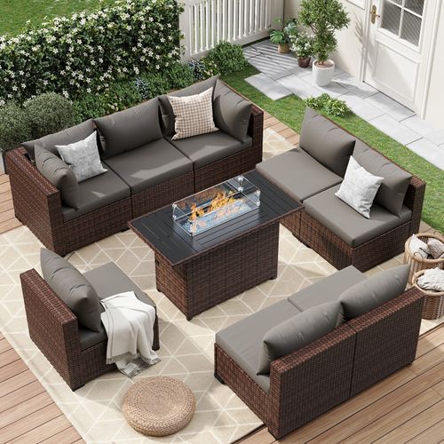ELPOSUN 9 Pieces Patio Furniture Set All Weather Outdoor Sectional Sofa, Outdoor Modern Sectional Furniture Wicker Couch with Fire Pit Table, Thicken