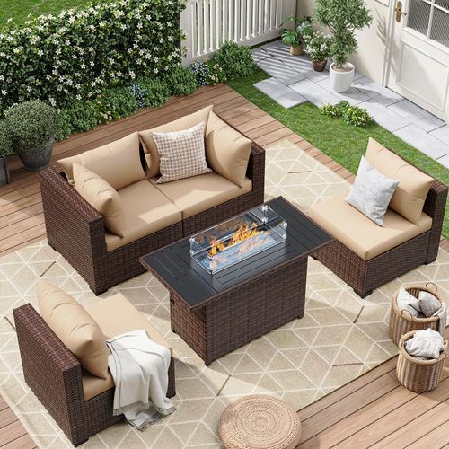 ELPOSUN 5 Pieces Patio Furniture Set All Weather Outdoor Sectional Sofa, Outdoor Modern Sectional Furniture Wicker Couch with Fire Pit Table, Thicken