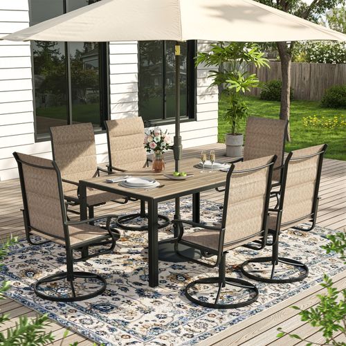 ELPOSUN 7 Piece Outdoor Patio Dining Set Swivel High Back Padded Textilene Chairs and Rectangle Brown Table Furniture Set,Beige