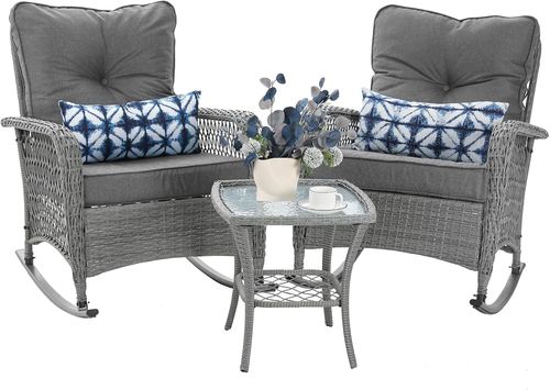 ELPOSUN 3-Piece Outdoor Rocking Chairs, Wicker Patio Furniture with Thickened Cushions and Table for Porch