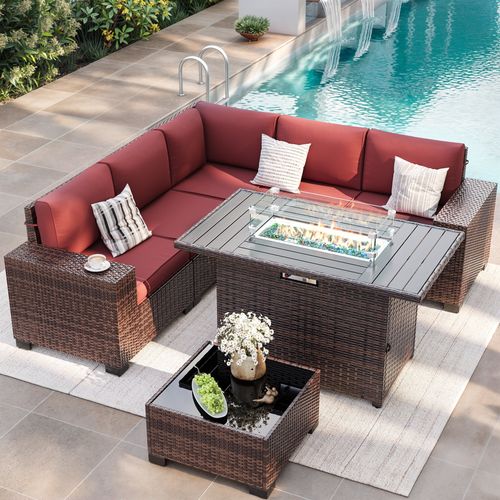ELPOSUN Outdoor Sectional Furniture Set with Fire Pit Table, 7-Piece Brown Rattan Wicker Conversation Sofa Set for Porch Garden Backyard Balcony