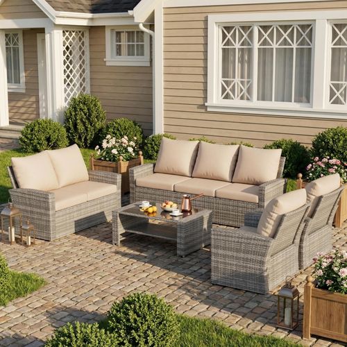 ELPOSUN Wicker Patio Furniture Set, 7 Piece Outdoor Sectional Conversation Sets, Gray PE Rattan Patio Sofa Set for Balcony, Porch, Backyard, Beige
