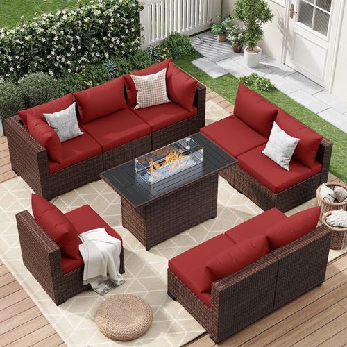 ELPOSUN 9 Pieces Patio Furniture Set All Weather Outdoor Sectional Sofa, Outdoor Modern Sectional Furniture Wicker Couch with Pit Table,