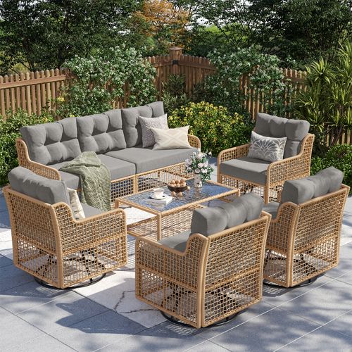 ELPOSUN 7-Seat Outdoor Patio Furniture Set, Wicker Rattan Outdoor Furniture Set with Swivel Chairs & All-Weather Thickened Cushions for Garden, Porch,