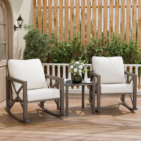 ELPOSUN Rocking Bistro Set, 3 Piece Outdoor Patio Furniture Set with 2 Rockers and 1 Metal Coffee Table, Rattan Conversation Sets