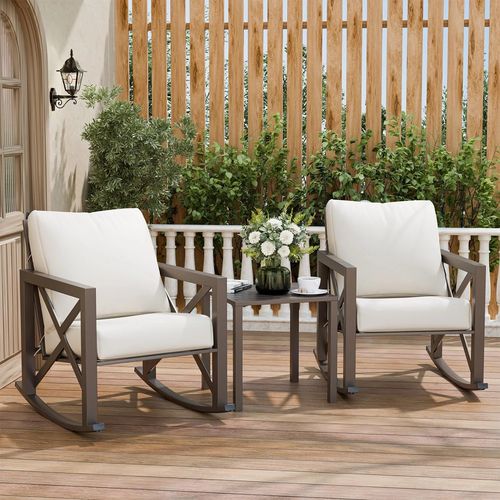 ELPOSUN Rocking Bistro Set, 3 Piece Outdoor Patio Furniture Set with 2 Rockers and 1 Metal Coffee Table, Rattan Conversation Sets