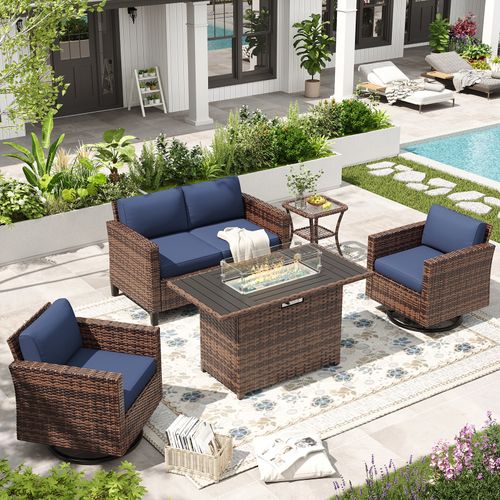 ELPOSUN Patio Furniture 6 Pieces Wicker Outdoor Sectional Sofa Sets, Rattan Conversation Set with Fire Pit Table, Swivel Chairs for Backyard, Pool, Be