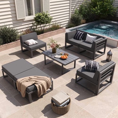 ELPOSUN Aluminum Patio Furniture Set, 7 Piece Modular Oversized Outdoor Sectional of Olefin 5 inch Thick Cushion, Coffee Table and Waterproof Cover, P