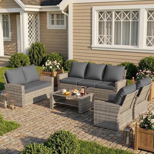 ELPOSUN Wicker Patio Furniture Set, 7 Piece Outdoor Sectional Conversation Sets, Gray PE Rattan Patio Sofa Set for Balcony, Porch, Backyard, Grey
