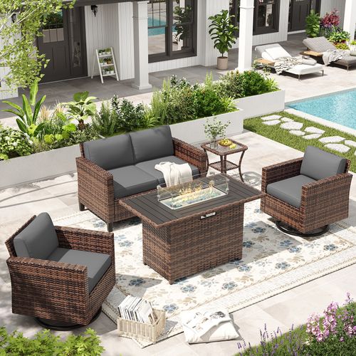 ELPOSUN Patio Furniture 6 Pieces Wicker Outdoor Sectional Sofa Sets, Rattan Conversation Set with Fire Pit Table, Swivel Chairs for Backyard, Pool, Be