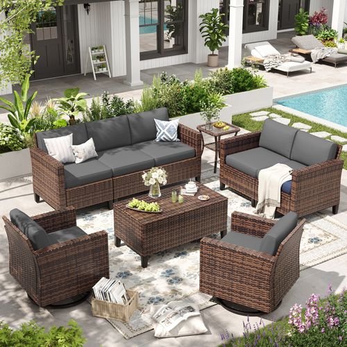 ELPOSUN Patio Furniture 9 Pieces Wicker Outdoor Sectional Sofa Sets, Rattan Conversation Set with Storage Table, Swivel Chairs for Backyard, Pool, Gre