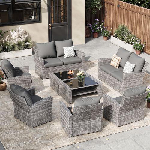ELPOSUN Wicker Patio Furniture Set, 8 Piece Outdoor Sectional Conversation Sets, Gray PE Rattan Patio Sofa Set for Balcony, Porch, Backyard, Grey