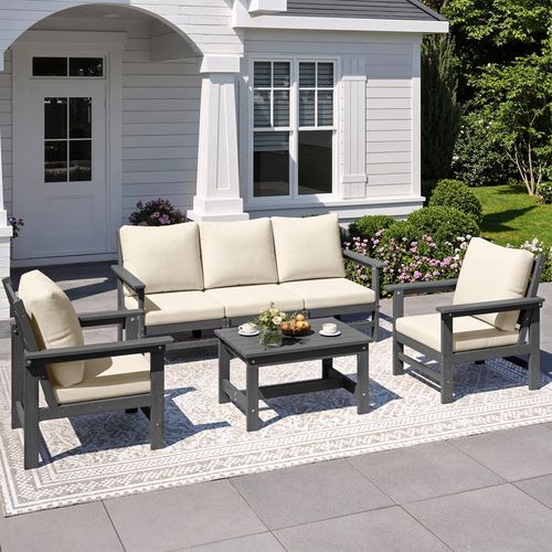 ELPOSUN HDPE Patio Conversation Set, 6-Peice outdoor furniture set, All Weather Outdoor Couch Set with Coffee Table, Grey Frame with Beige Cushions
