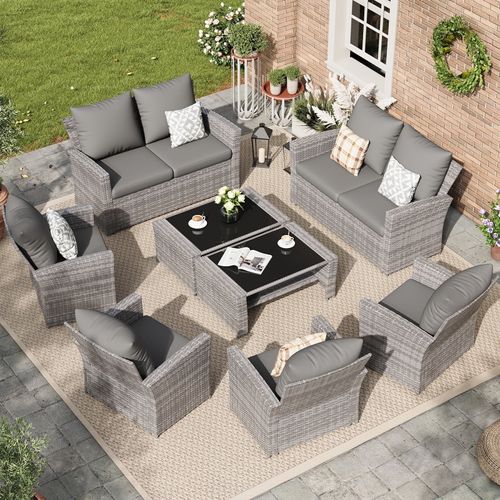 ELPOSUN 8 Piece Outdoor Sectional Conversation Sets , Wicker Patio Furniture Set��Gray PE Rattan Patio Sofa Set for Balcony, Porch, Backyard, Grey