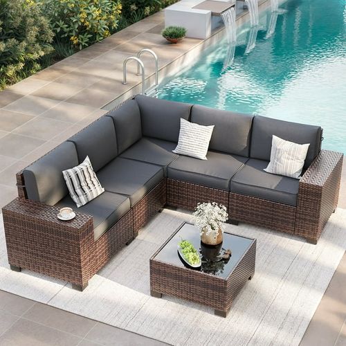 ELPOSUN Outdoor Sectional Furniture Set 6-Piece Brown Rattan Wicker Conversation Sofa Set with Glass Top Table and Waterproof Covers,Gray Cushions