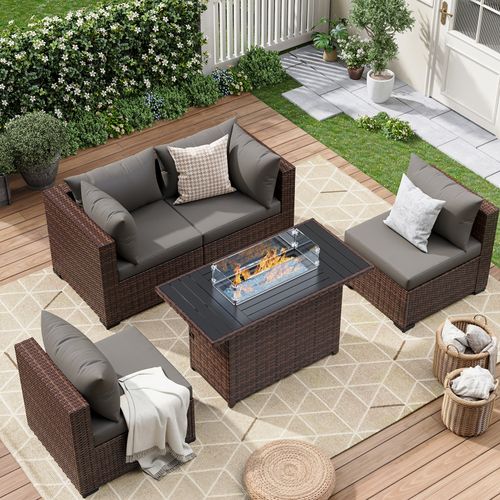 ELPOSUN 5 Pieces Patio Furniture Set All Weather Outdoor Sectional Sofa, Outdoor Modern Sectional Furniture Wicker Couch with Fire Pit Table, Thicken