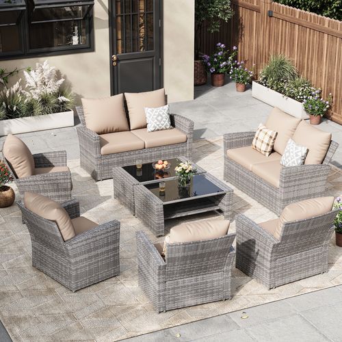 ELPOSUN Wicker Patio Furniture Set, 8 Piece Outdoor Sectional Conversation Sets, Gray PE Rattan Patio Sofa Set for Balcony, Porch, Backyard, Khaki