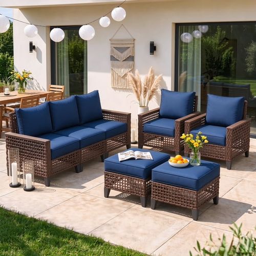 ELPOSUN 5-Piece Patio Furniture Set, All-Weather Open-Weave Wicker Outdoor Conversation Set, Thick Waterproof Cushions, for Garden and Backyard, Brown
