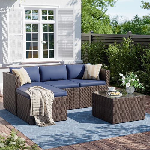 ELPOSUN 3-Piece Patio Furniture Set,Patio Conversation Set All-Weather Wicker Outdoor Sectional Sofa Set with Table & Cushions, Blue