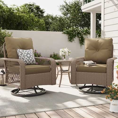 ELPOSUN 3 Pieces Patio Furniture Set, Outdoor Swivel Gliders Rocker, Wicker Patio Bistro Set with Rattan Rocking Chair, Glass Top Side Table and Thick