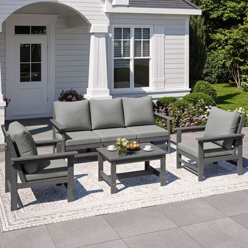 ELPOSUN HDPE Patio Conversation Set, outdoor furniture set, All Weather Outdoor Couch Set with Coffee Table, Grey Frame with Grey Cushions