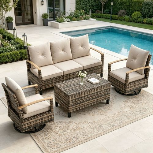 ELPOSUN Outdoor Patio Furniture Sets, 5 Pieces Outdoor Wicker Conversation Set with Swivel Chairs and Storage Table for Garden Poolside Backyard, Yell