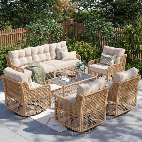 ELPOSUN 7-Seat Outdoor Patio Furniture Set, Wicker Rattan Outdoor Furniture Set with Swivel Chairs & All-Weather Thickened Cushions for Garden, Porch,