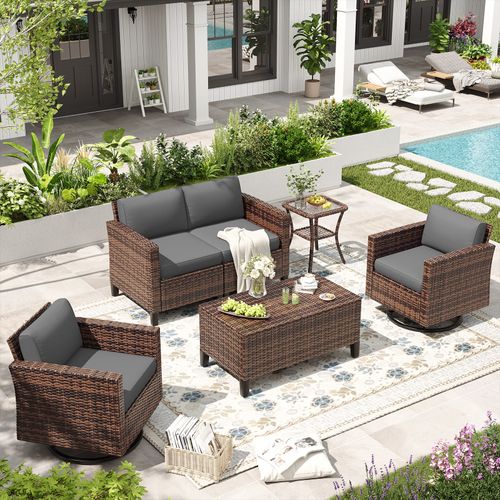 ELPOSUN Outdoor Patio Furniture Set,Rattan outdoor Conversation Set,6 Pieces Wicker Rattan Sectional Furniture with Rocking Swivel Chair for Backyard,
