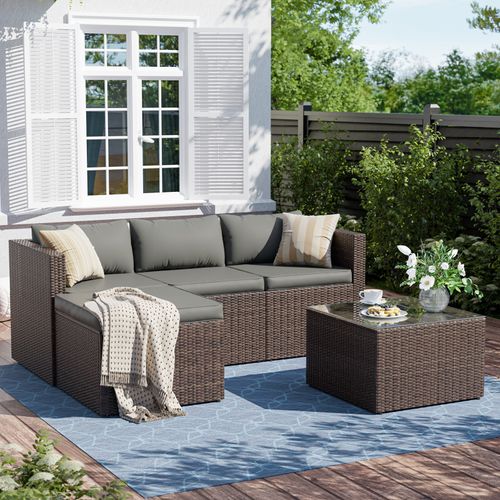 ELPOSUN 3-Piece Patio Furniture Set,Patio Conversation Set All-Weather Wicker Outdoor Sectional Sofa Set with Table & Cushions, Grey