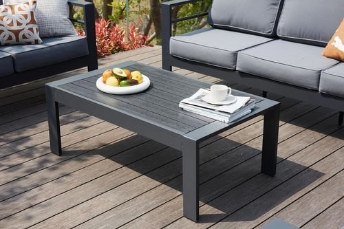 ELPOSUN Outdoor Coffee Table, Aluminum Modern Patio Coffee Tables with Imitation Wood Top for Balcony Garden Backyard, Dark Grey